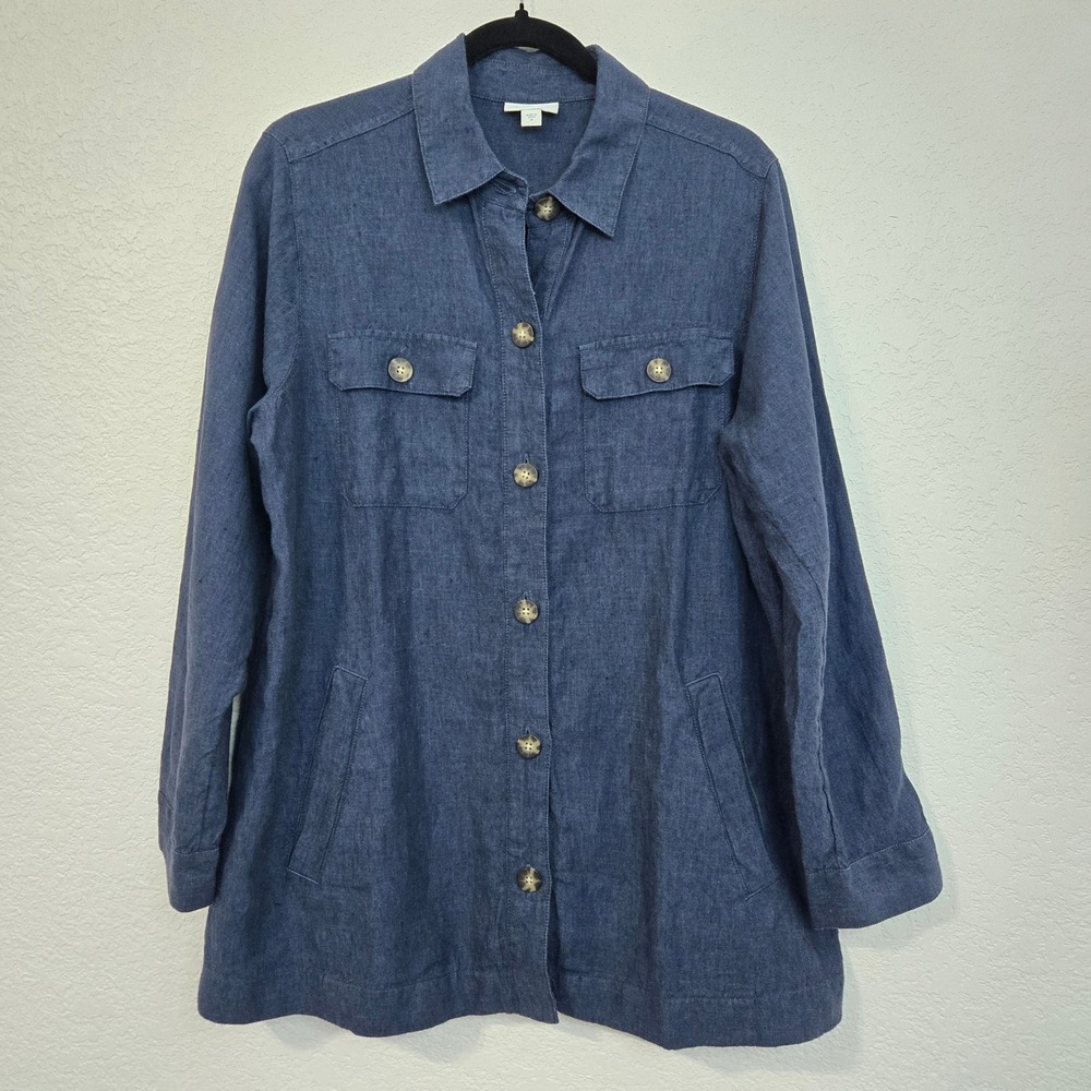 J.Jill Love Linen M Blue Button Down Shirt Jacket Top 100% Linen